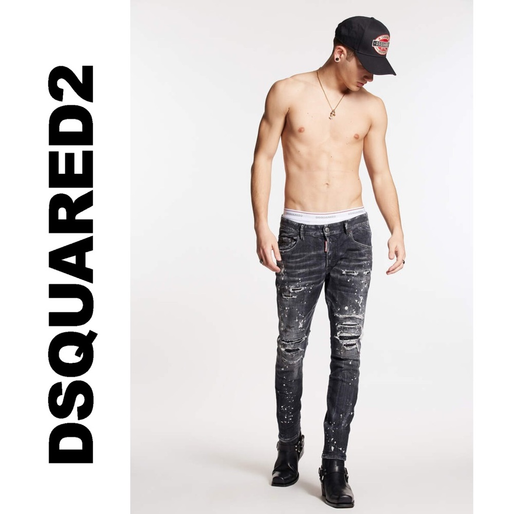 NWT $1,280~DSQUARED2~Black Diamond Wash Destroyed Super Twinky Skater Jeans~33